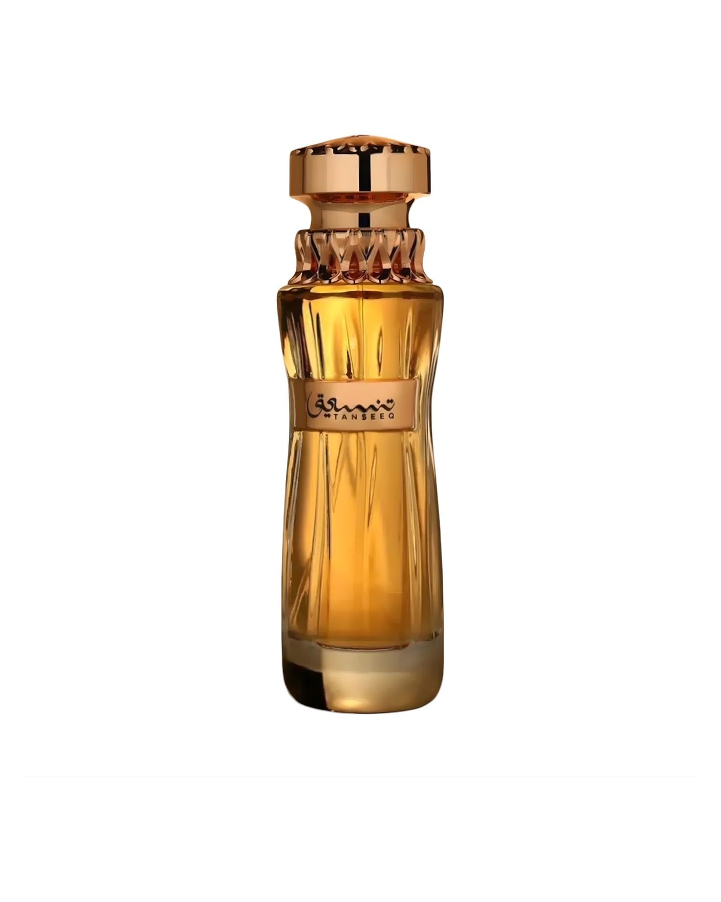 A gold and amber-toned luxury perfume bottle by Tanseeq edp with Arabic calligraphy on the label.