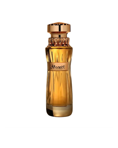 A gold and amber-toned luxury perfume bottle by Tanseeq edp with Arabic calligraphy on the label.