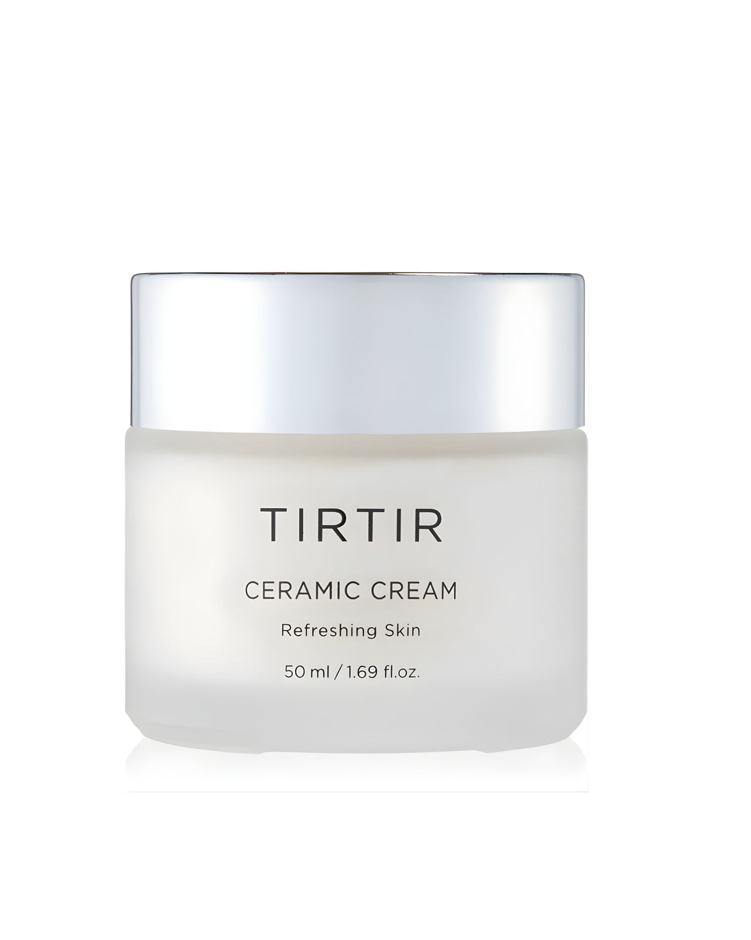 Simple product shot of the TIRTIR Ceramic Cream in a frosted white jar with a silver cap, labeled 'Refreshing Skin' with a volume of 50 ml / 1.69 fl.oz.
