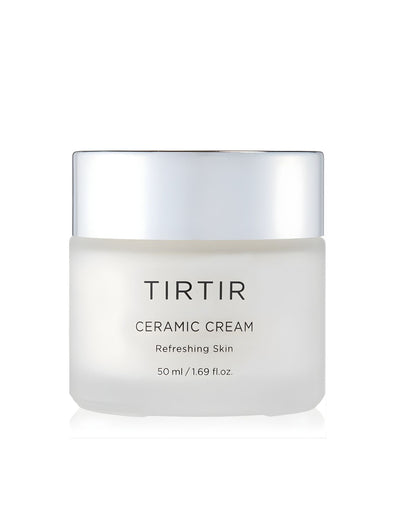 Simple product shot of the TIRTIR Ceramic Cream in a frosted white jar with a silver cap, labeled 'Refreshing Skin' with a volume of 50 ml / 1.69 fl.oz.