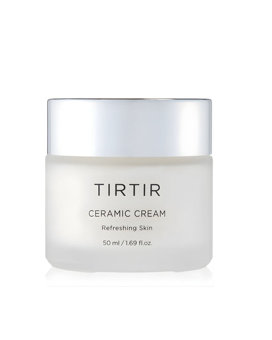 Simple product shot of the TIRTIR Ceramic Cream in a frosted white jar with a silver cap, labeled 'Refreshing Skin' with a volume of 50 ml / 1.69 fl.oz.