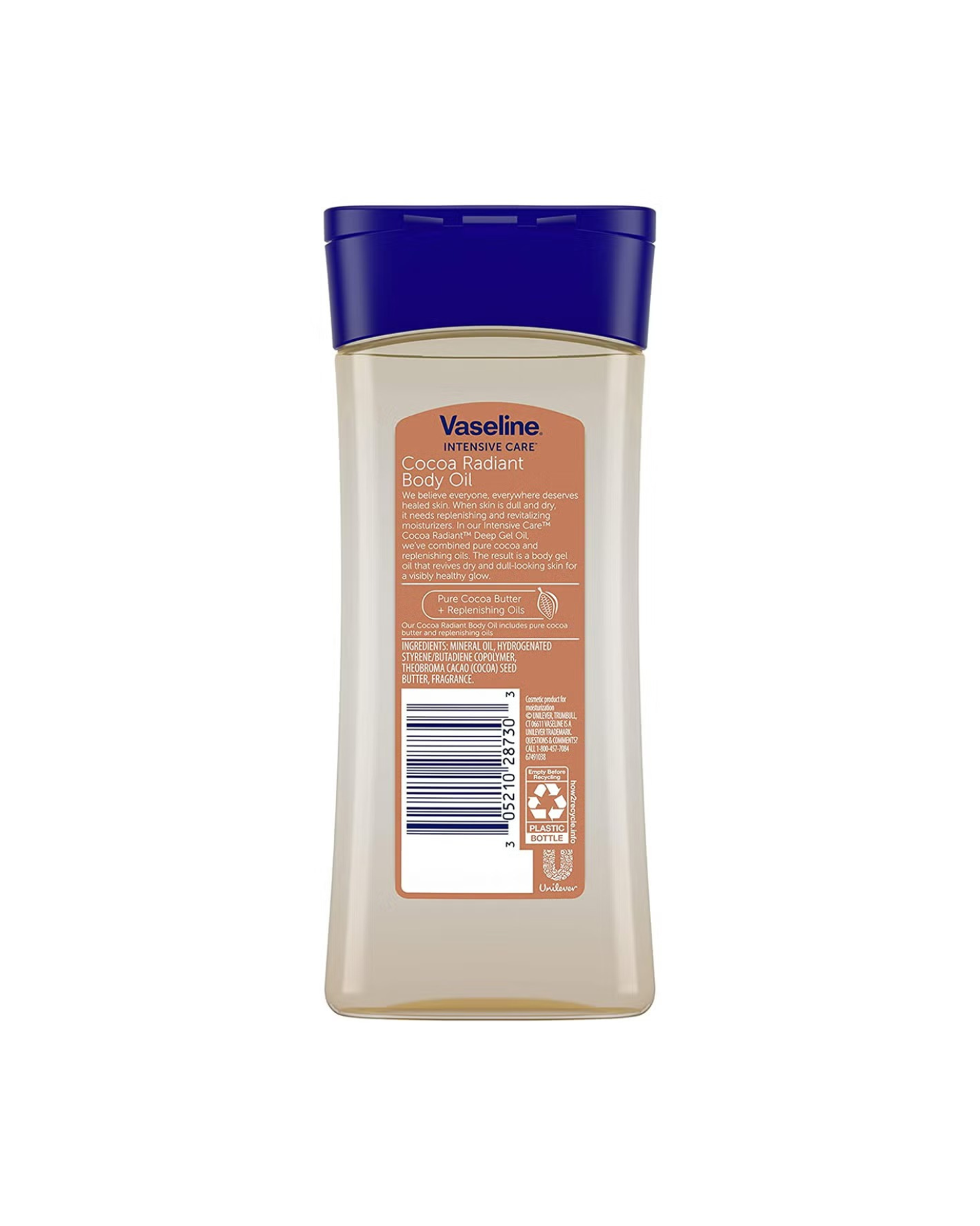 The back of the Vaseline Intensive Care Cocoa Radiant Body Oil bottle, featuring the full product label, barcode, and ingredient list, including Mineral Oil, Isopropyl Myristate, and Cocoa Seed Butter. The bottle has a blue cap and is isolated on a white background.
