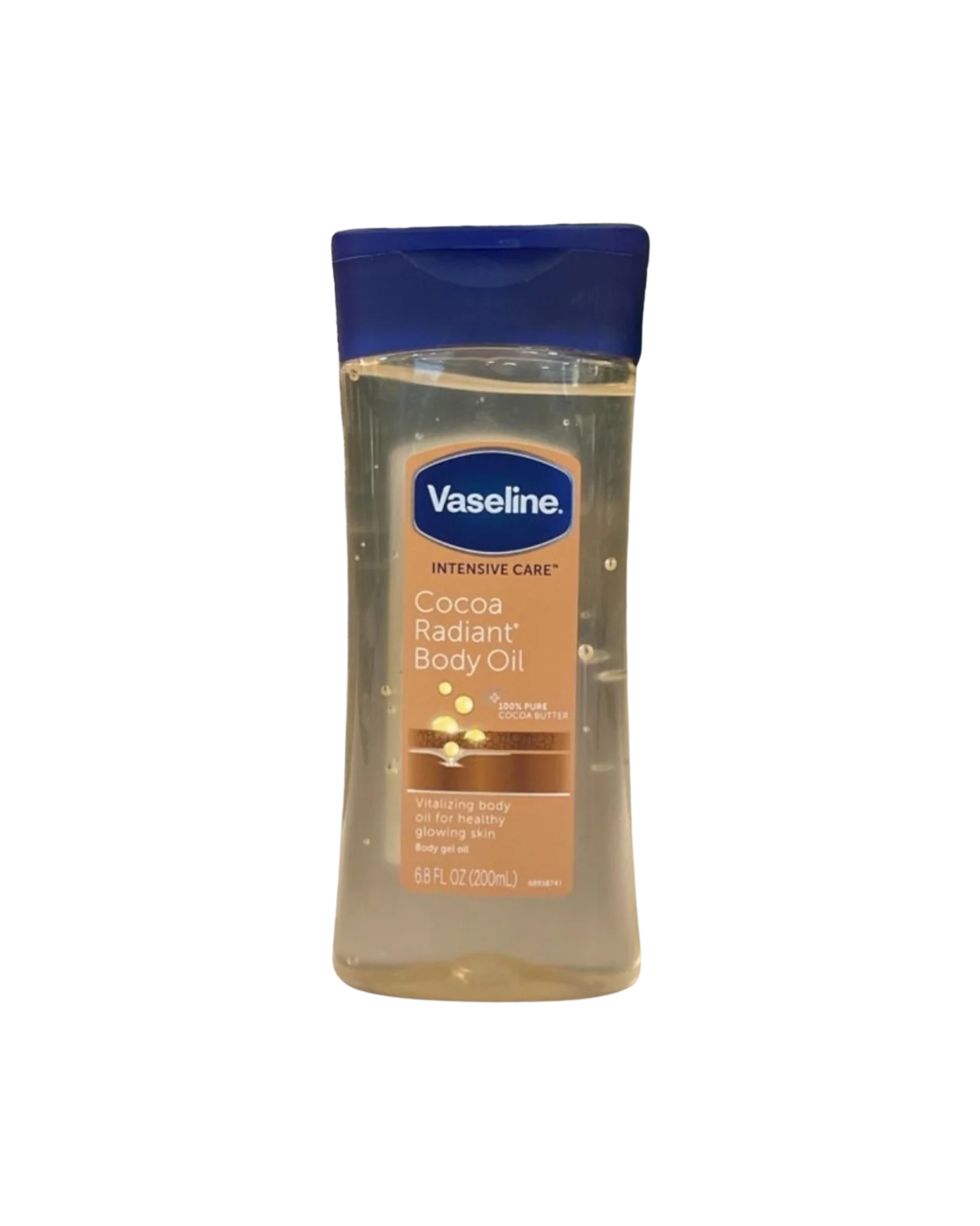 A transparent bottle of Vaseline Intensive Care Cocoa Radiant Body Oil with a blue flip-top cap. The label, which has a cocoa-brown color scheme, highlights that the product is a 'vitalizing body oil for healthy glowing skin' and contains '100% PURE COCOA BUTTER,' isolated on a white background.