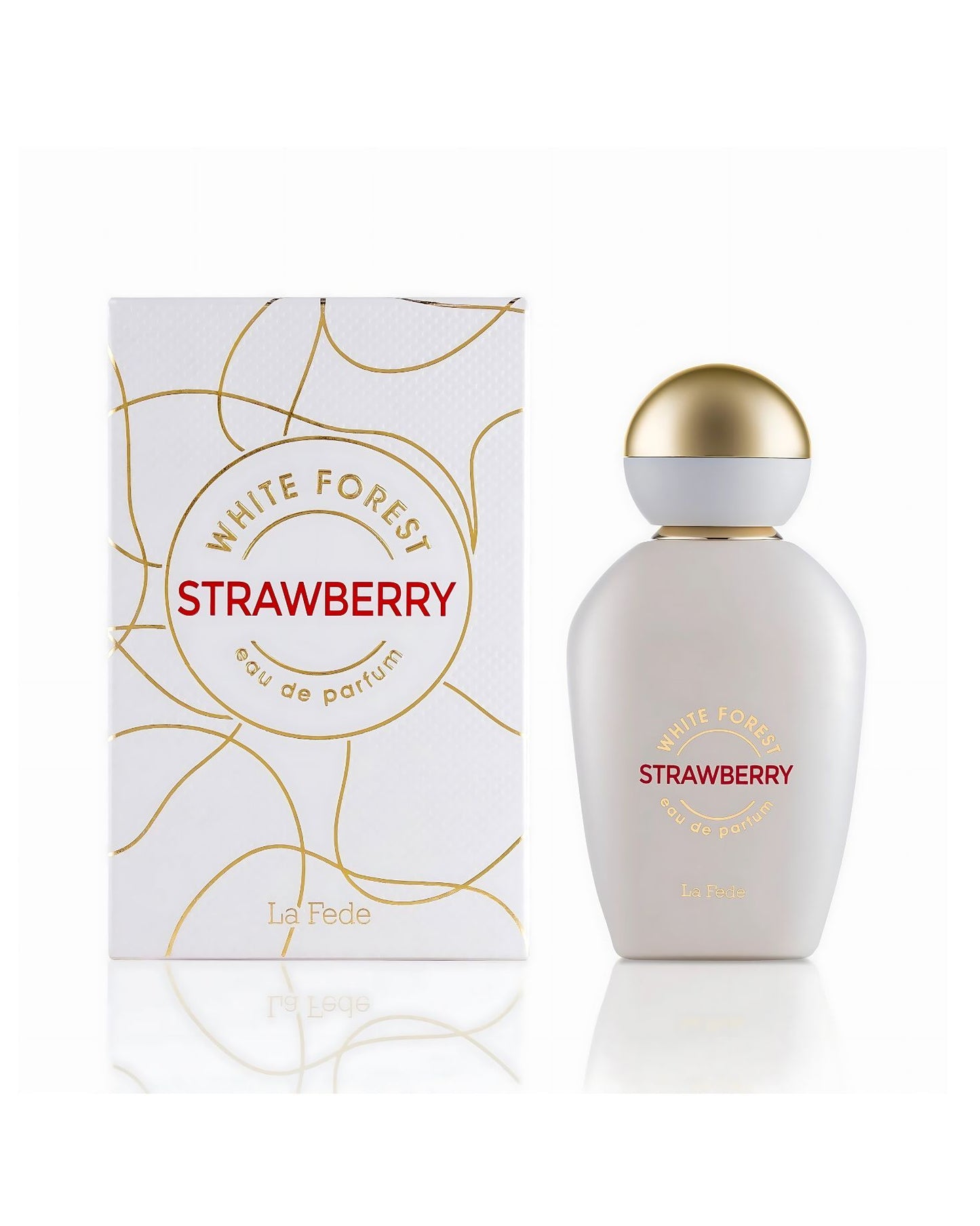 The La Fede White Forest Strawberry Eau de Parfum set, featuring the white, curved bottle with a gold dome cap next to its white box, which is decorated with a swirling gold line pattern.