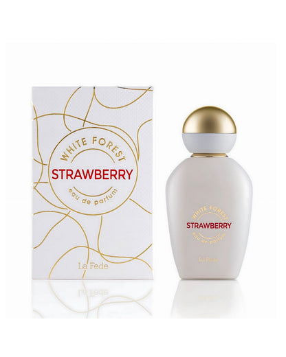 The La Fede White Forest Strawberry Eau de Parfum set, featuring the white, curved bottle with a gold dome cap next to its white box, which is decorated with a swirling gold line pattern.