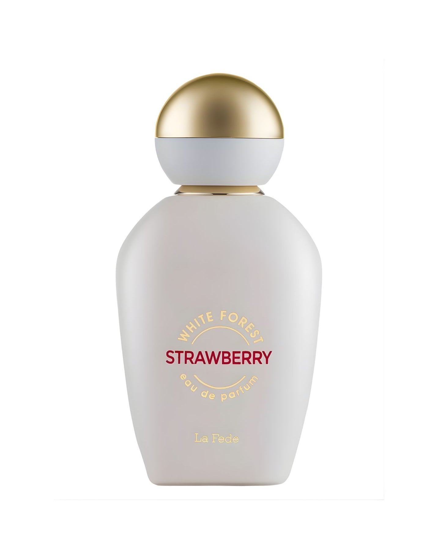 A smooth, curved white perfume bottle labeled "White Forest Strawberry" by La Fede, featuring a metallic gold dome-shaped cap, isolated against a white background.