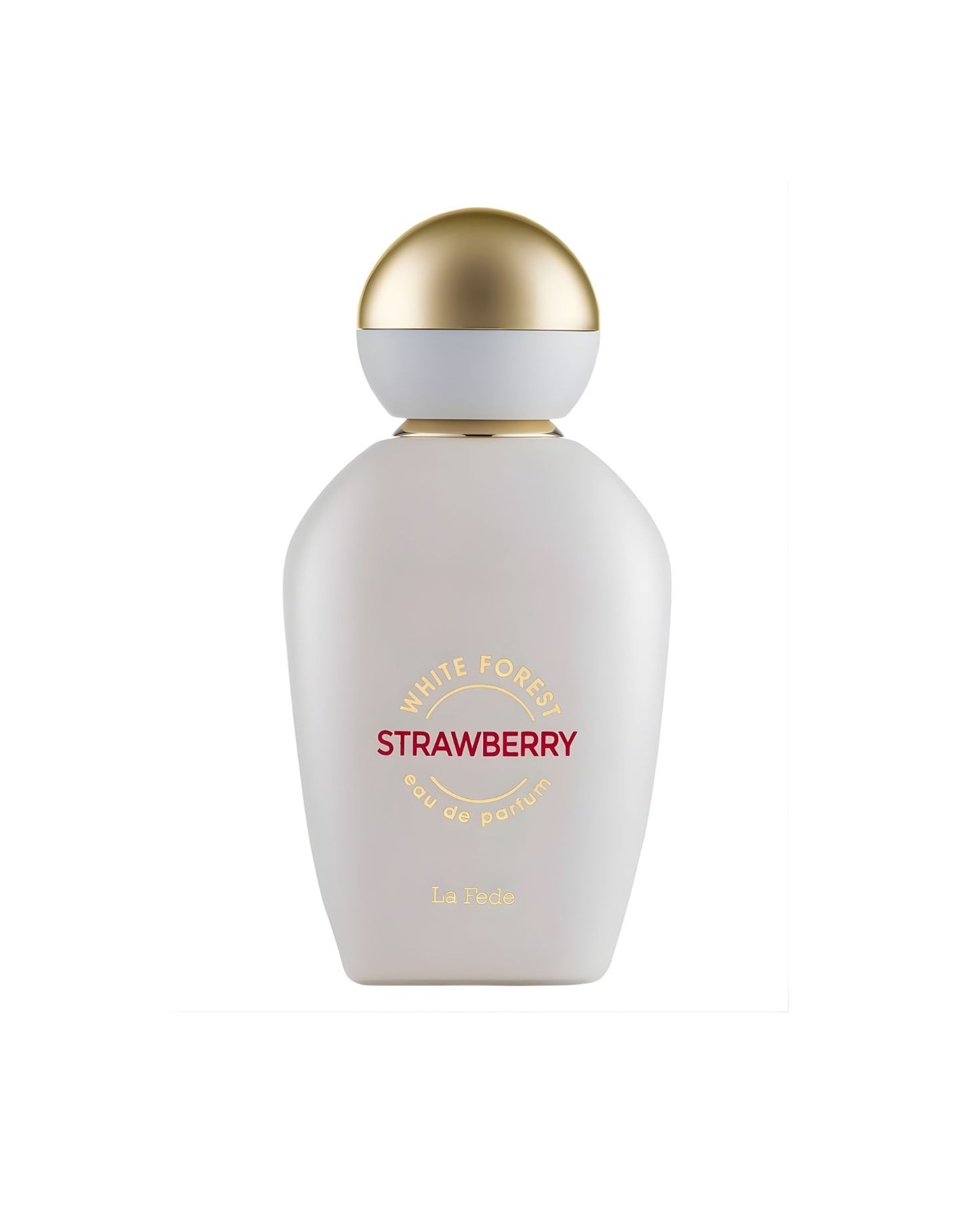 A smooth, curved white perfume bottle labeled "White Forest Strawberry" by La Fede, featuring a metallic gold dome-shaped cap, isolated against a white background.
