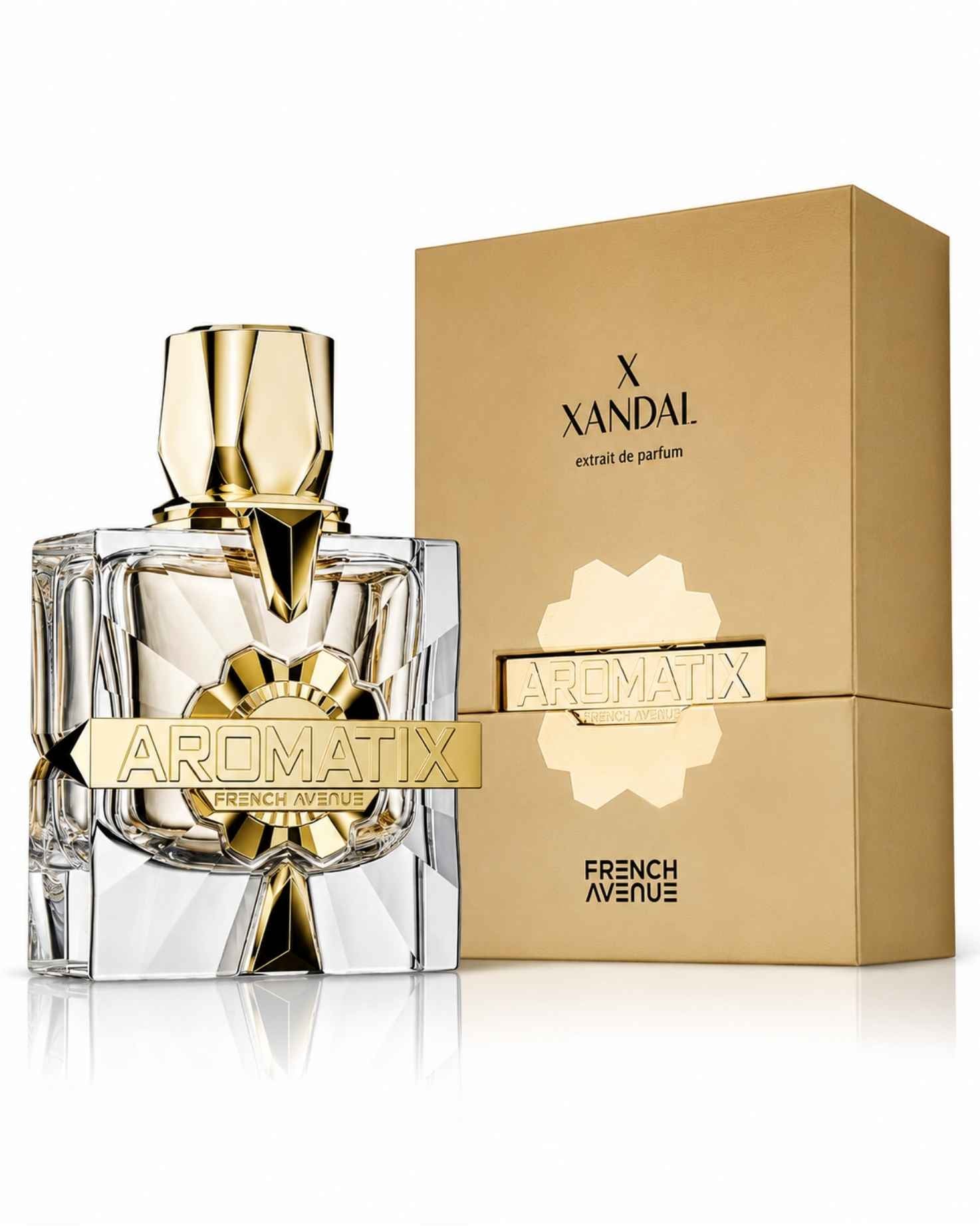 X Xandal Aromatix extrait de parfum bottle by French Avenue standing next to its luxury gold presentation box.