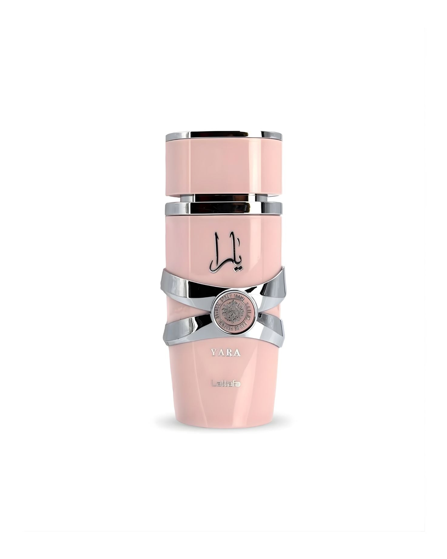 The Lattafa Yara Eau de Parfum bottle, a cylindrical design in matte pink with a wide silver chrome band wrapped around the center like a belt, set against a white background.