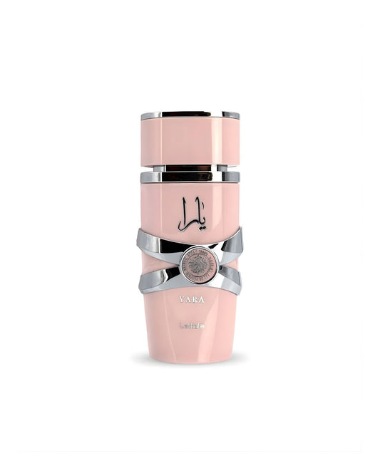 The Lattafa Yara Eau de Parfum bottle, a cylindrical design in matte pink with a wide silver chrome band wrapped around the center like a belt, set against a white background.