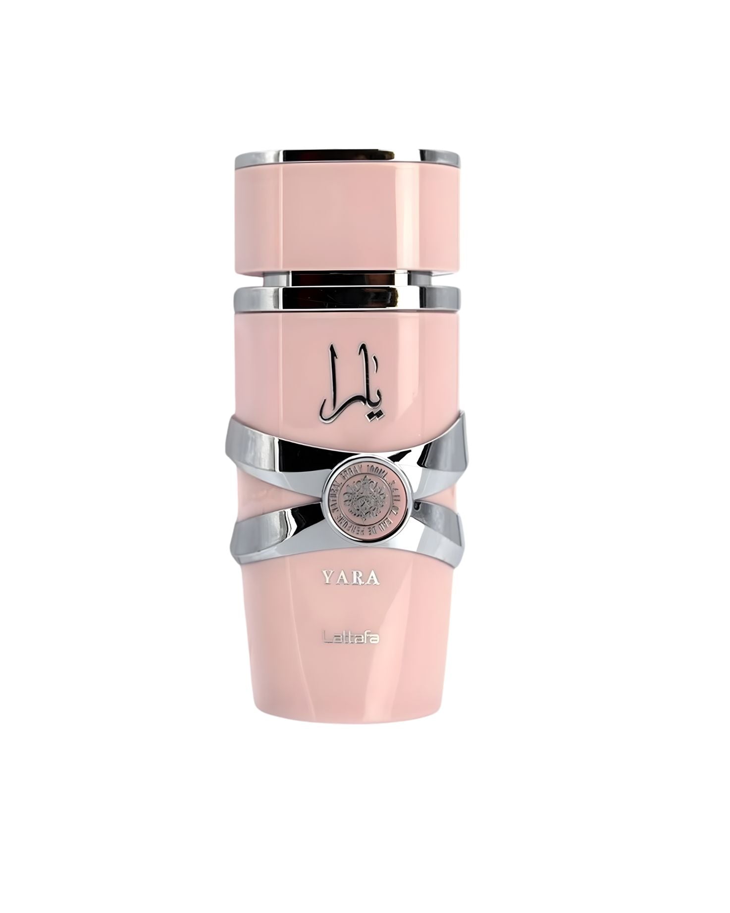 The Lattafa Yara Eau de Parfum bottle, a cylindrical design in matte pink with a wide silver chrome band wrapped around the center like a belt, set against a white background.
