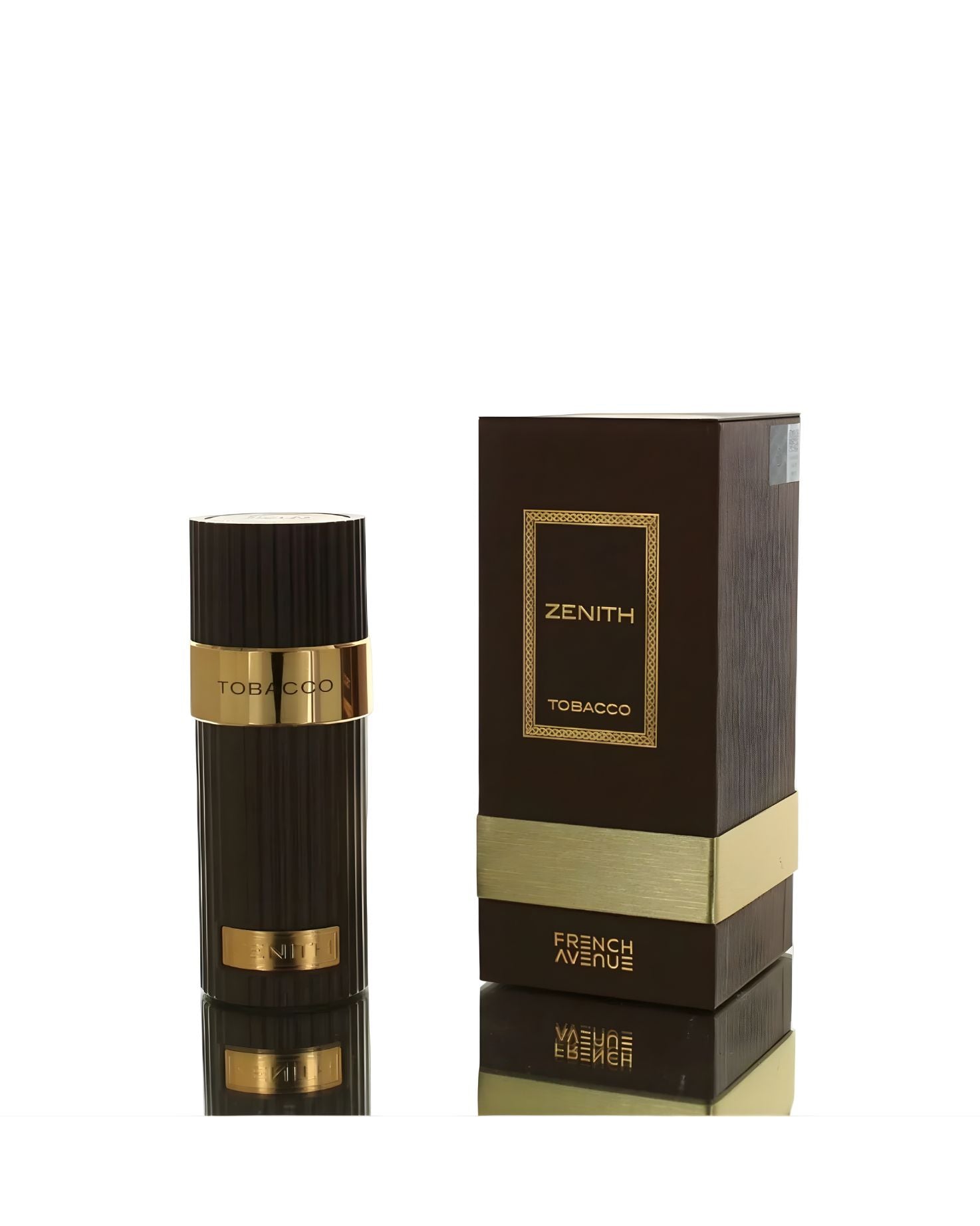 A dark brown, ribbed perfume bottle with a gold label reading "TOBACCO" next to its matching brown and gold retail box, labeled "ZENITH TOBACCO" by "FRENCH AVENUE".