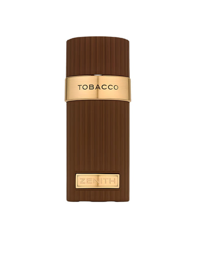 A dark brown, ribbed perfume bottle with a gold label reading TOBACCO EDP labeled "ZENITH TOBACCO" by "FRENCH AVENUE".