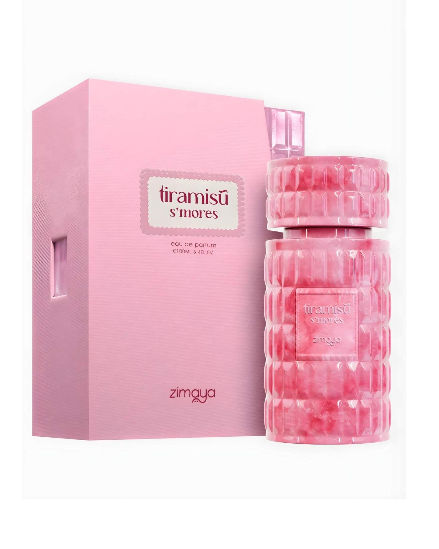 Zimaya Tiramisu S'mores Eau De Parfum 100ml bottle with matching pink display box packaging