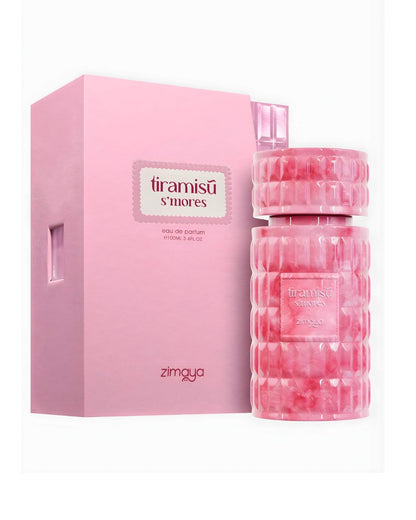 Zimaya Tiramisu S'mores Eau De Parfum 100ml bottle with matching pink display box packaging