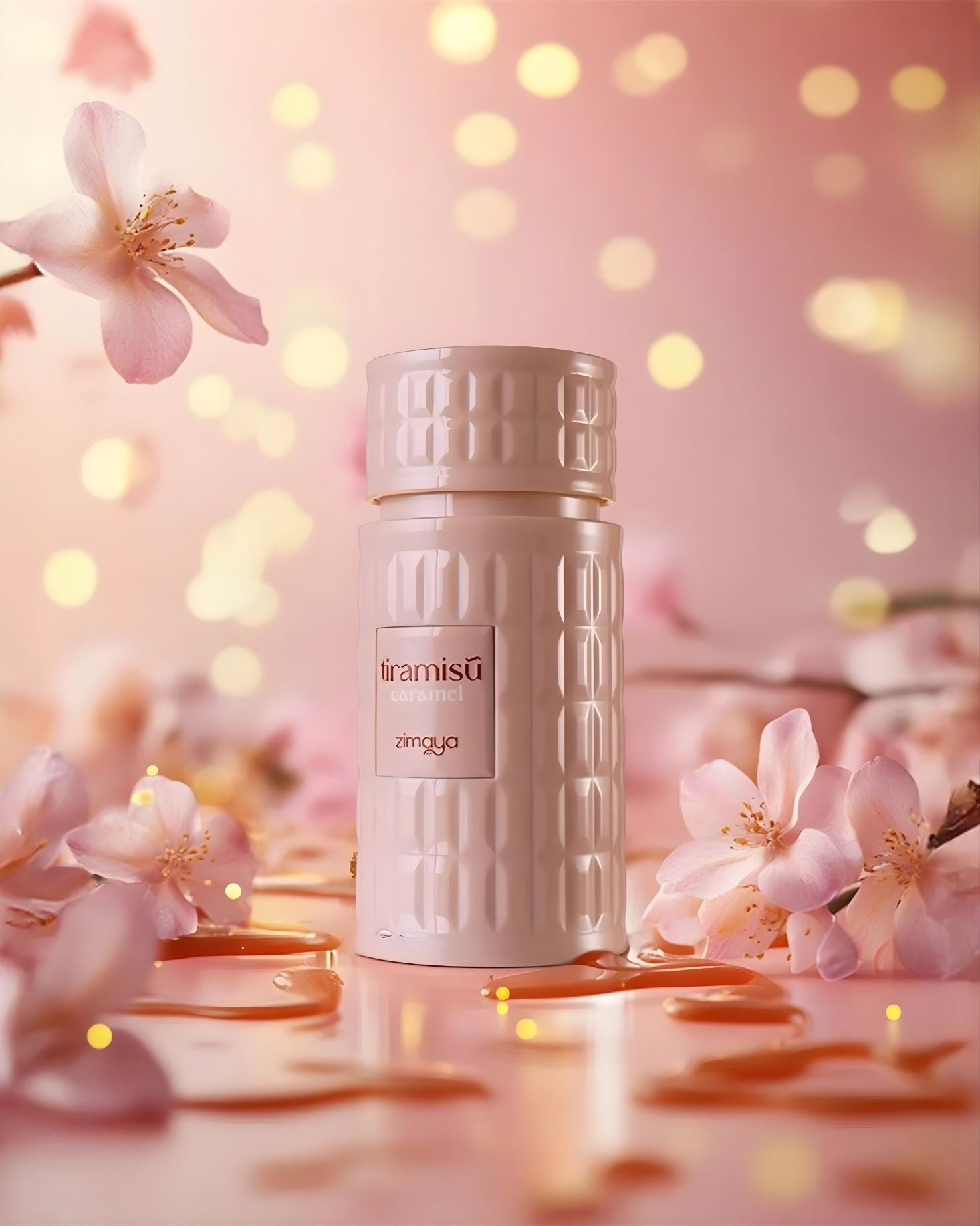 Soft-focus image of a textured, light pink Zimaya 'Tiramisû Caramel' perfume bottle surrounded by delicate pink cherry blossom flowers. The foreground is glossy with scattered liquid droplets and golden light reflections.